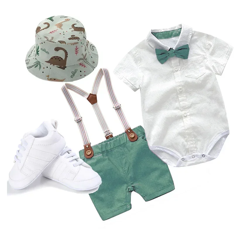 Baby Boy Clothes 1st Birthday Outfit Cake Smash Romper Bodysuits with Suspender Pants for Wedding Party Photo Shoot