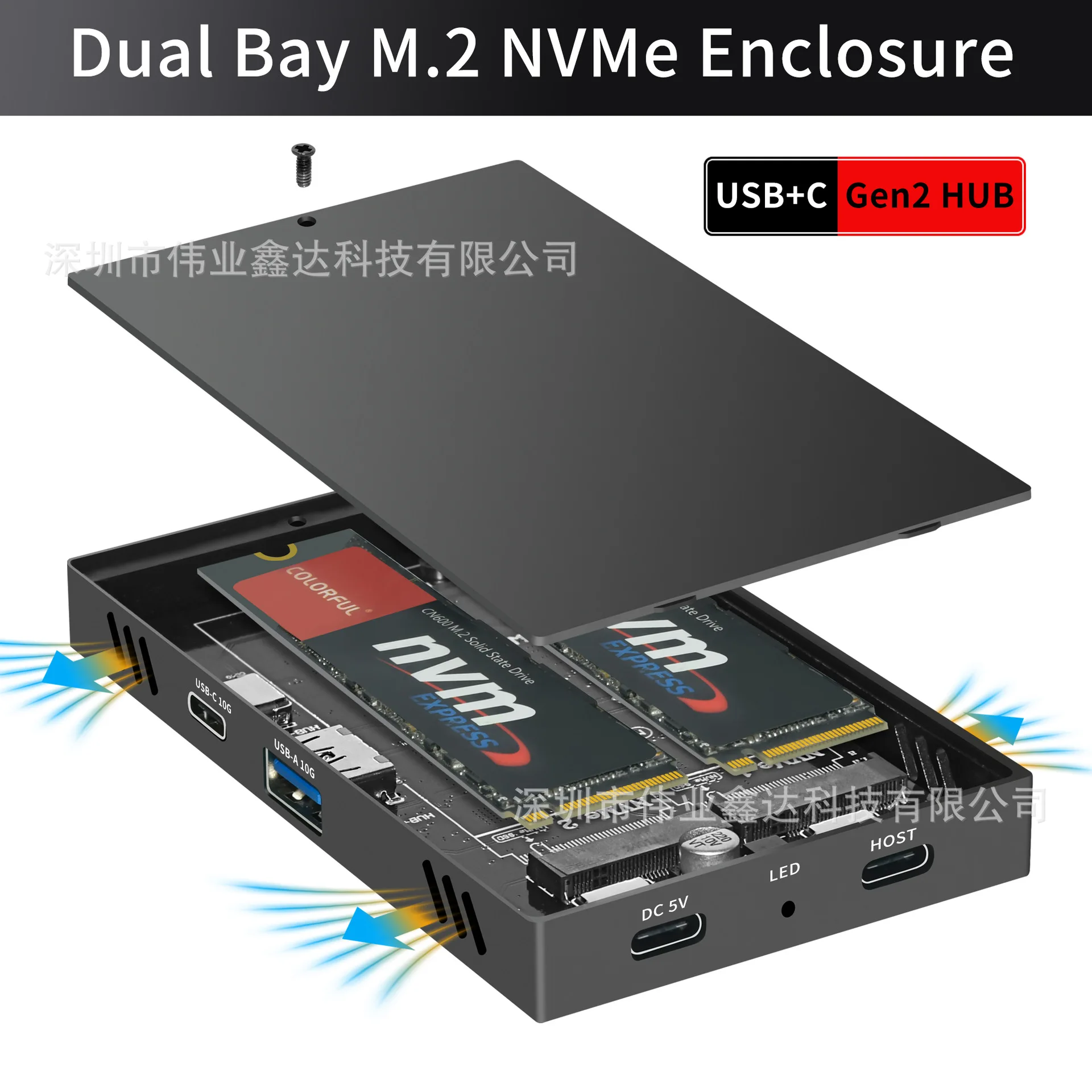 M.2 NVMe Dual-Bay Hard Drive Enclosure Gen2 10Gbps HUB Four-in-One Docking Station