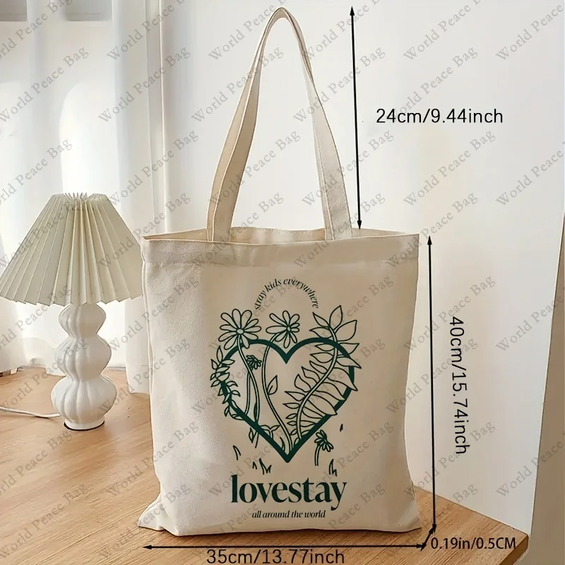 1pc Lovestay Pattern Canvas Tote Bag, Casual Canvas Shoulder Bag, Fashion Shopping Bag