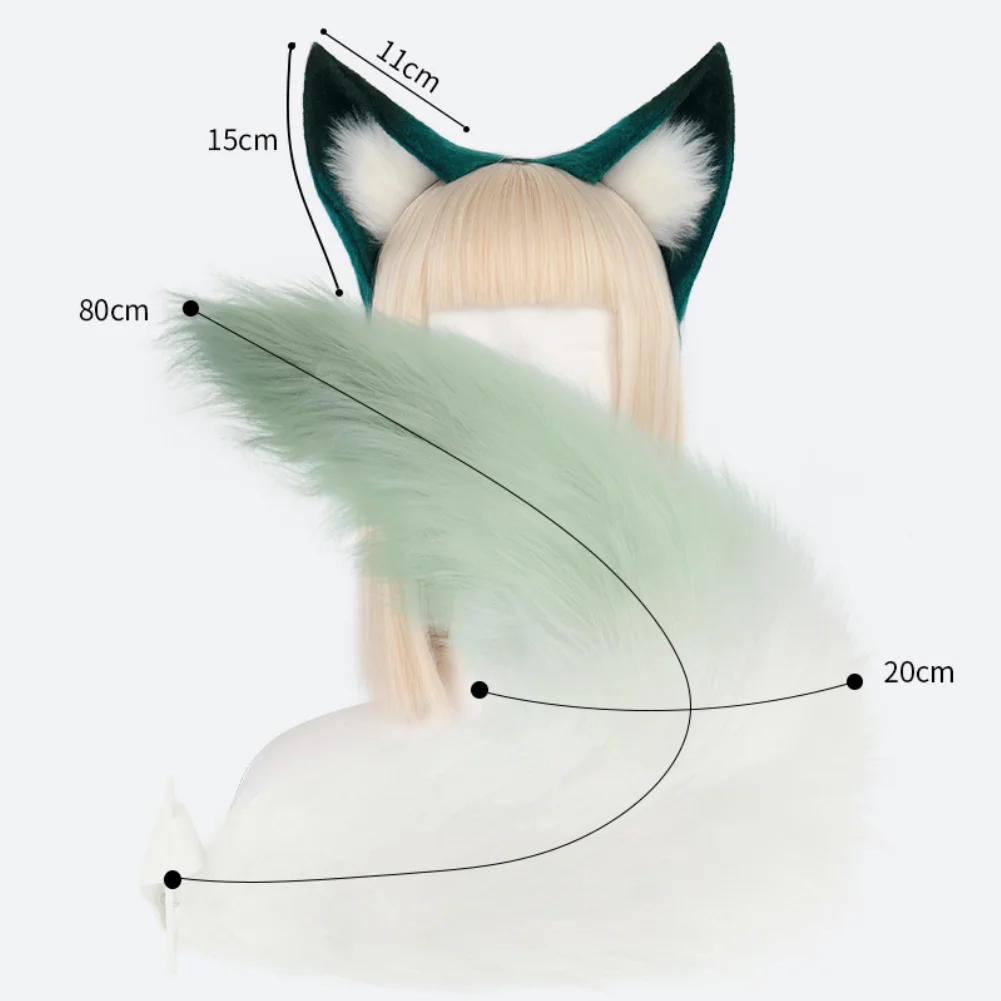 

Honkai: Star Rail Cosplay Props Set Furry Fox Ears Kawaii Animal Tail 80Cm Green Fox Ears Anime Stage Performance Accessories