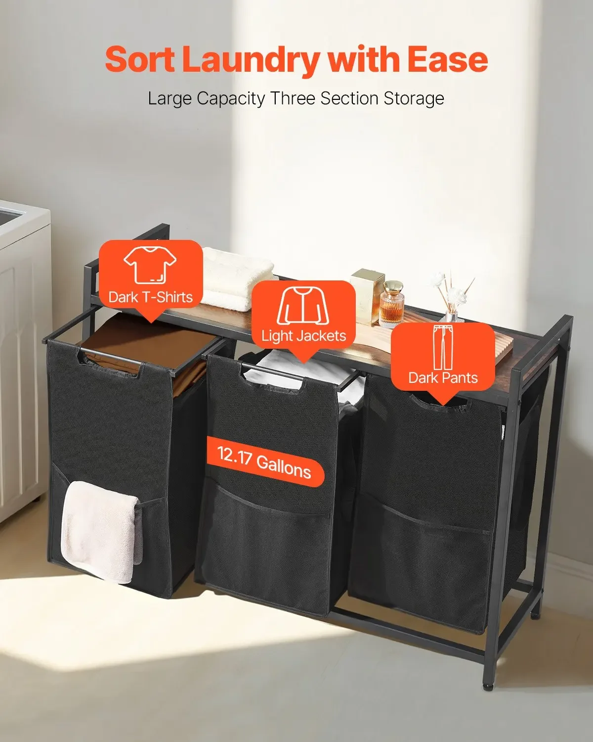 

3 Section Laundry Sorter, Large Laundry Hamper With Metal Frame And Wooden Tabletop, Freestanding Storage Organizer Baskets