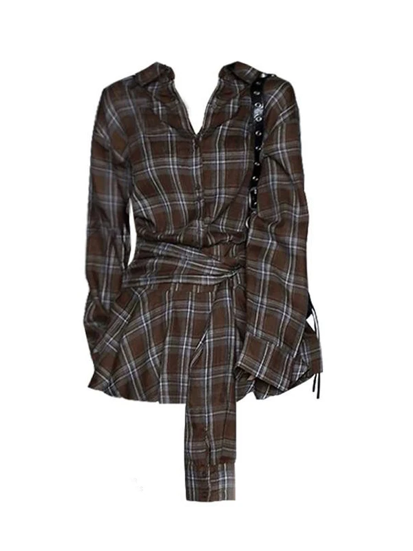 

Retro Korean Waist-Cinching irt Women's Loose Slimming Top Autumn New Design High-End Plaid Pattern Button-Up Ne