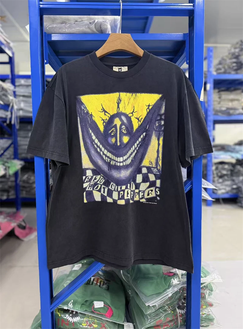 New Summer Vintage Washed Print Rock Band Pattern Casual Loose Round Neck Short Sleeved Street Cotton Versatile Oversize T-shirt