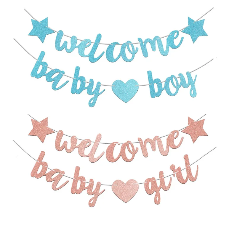 Glitter Welcome Baby Girl Boy Heart Banner Flags Garland for Baby Shower Birthday Gender Reveal Party Background Decoration