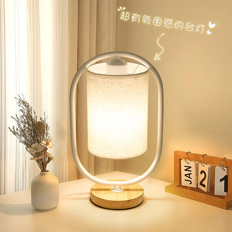 Scandinavian Bedroom Bedside Table LampNew Chinese Retro Cloth Cozy Solid Wood Dimmable Night Lamp3 Speed Dimmable Table Lamps