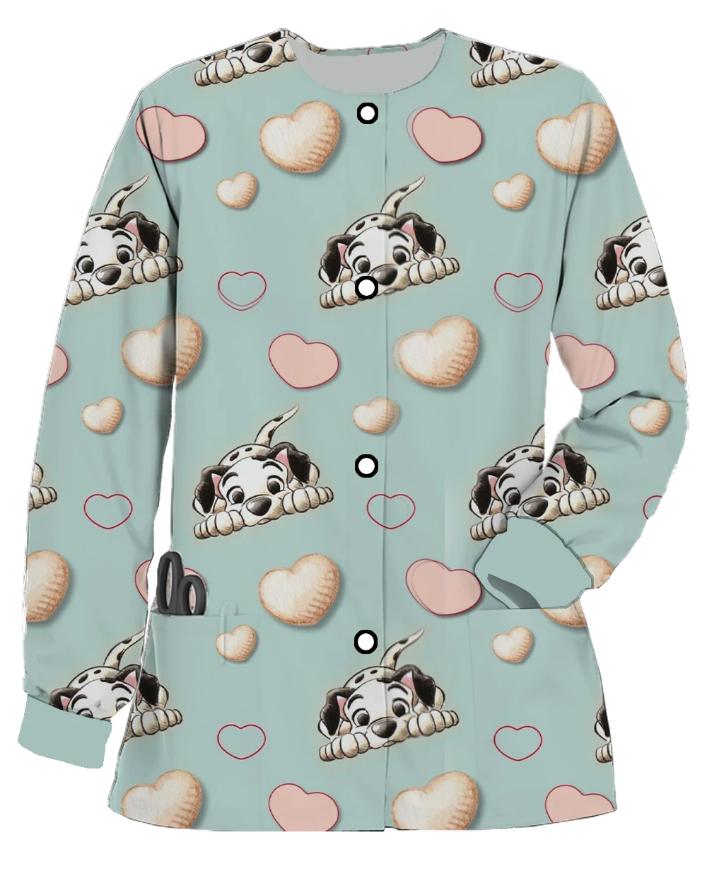 

Spring and autumn female nurse uniform coat print Disney Dalmatians cartoon long-sleeved round neck scrub jacket tops dental coa