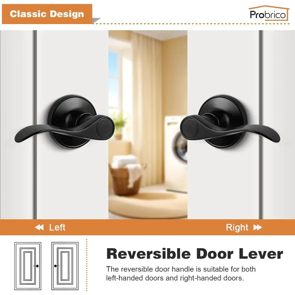Matte Black 3-Pack Interior Door Levers, Keyless Hallway & Closet Handles, Reversible Wave Design