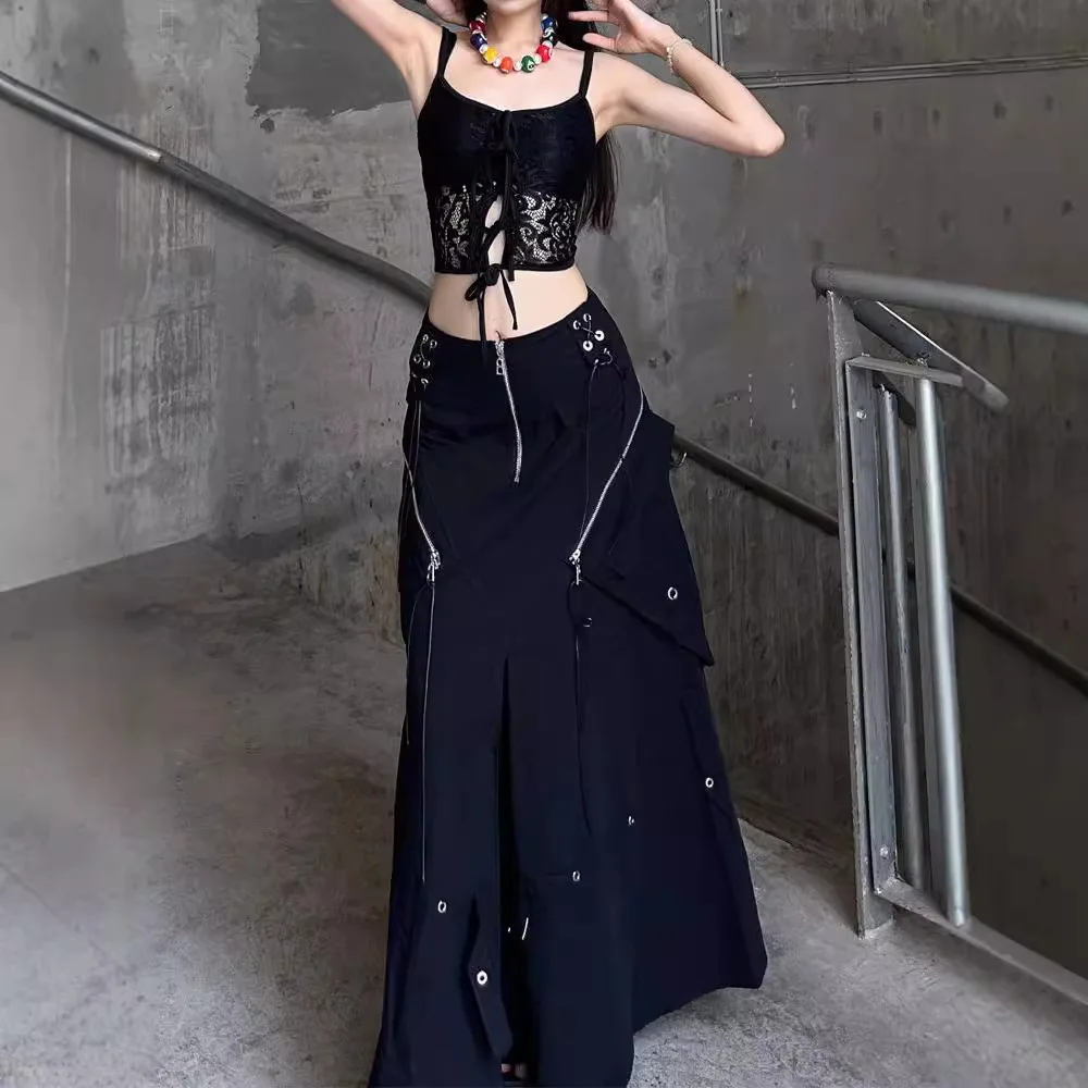 TWOTWINSTYLE Solid Spliced Zipper Skirts for Women High Waist Temperament Minimalist Patchwork Zipper Skirt Female