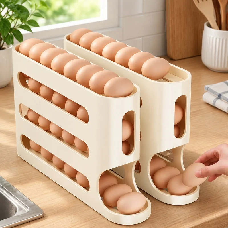 4-Tier Large Capacity Ladder Egg Holder for Refrigerator Side Door with Auto-Rolling Feature