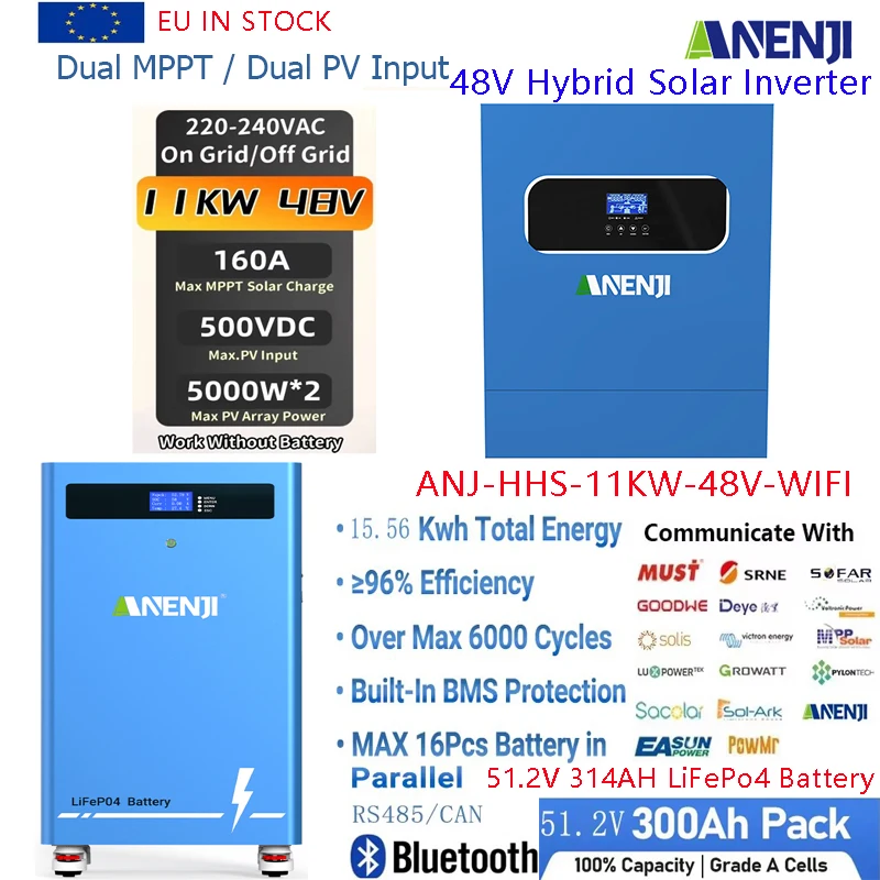 Onduleur solaire hybride ANENJI 48V 11KW avec batterie LiFePo4 48V 300AH, onduleur hors réseau AC 220VAC, double MPPT, double sortie AC, 2 entrées PV 500VDC, cellules de grade A 51.2V 300AH, batterie lithium 48V 16KWH avec roues, 314Ah, plus de 6000 cycles, Bluetooth CAN/RS485 BMS