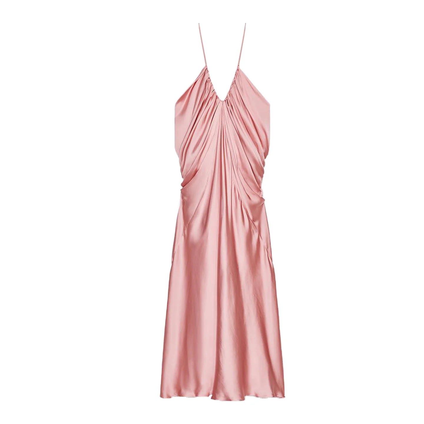 فستان نسائي صيفي جديد طويل من الحرير الساتان بياقة على شكل V مع تزيينات مطوية وخصر مرتفع على شكل حرف A من ألياف البوليستر بدو...