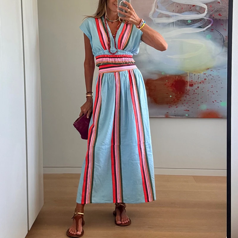 

Сексуальный комплект для женщин: топ с V-образным вырезом и короткими рукавами, длинная юбка, повседневный полосатый принт, свободный крой, модный костюм для отпуска, высокая талия, бохо-стиль.