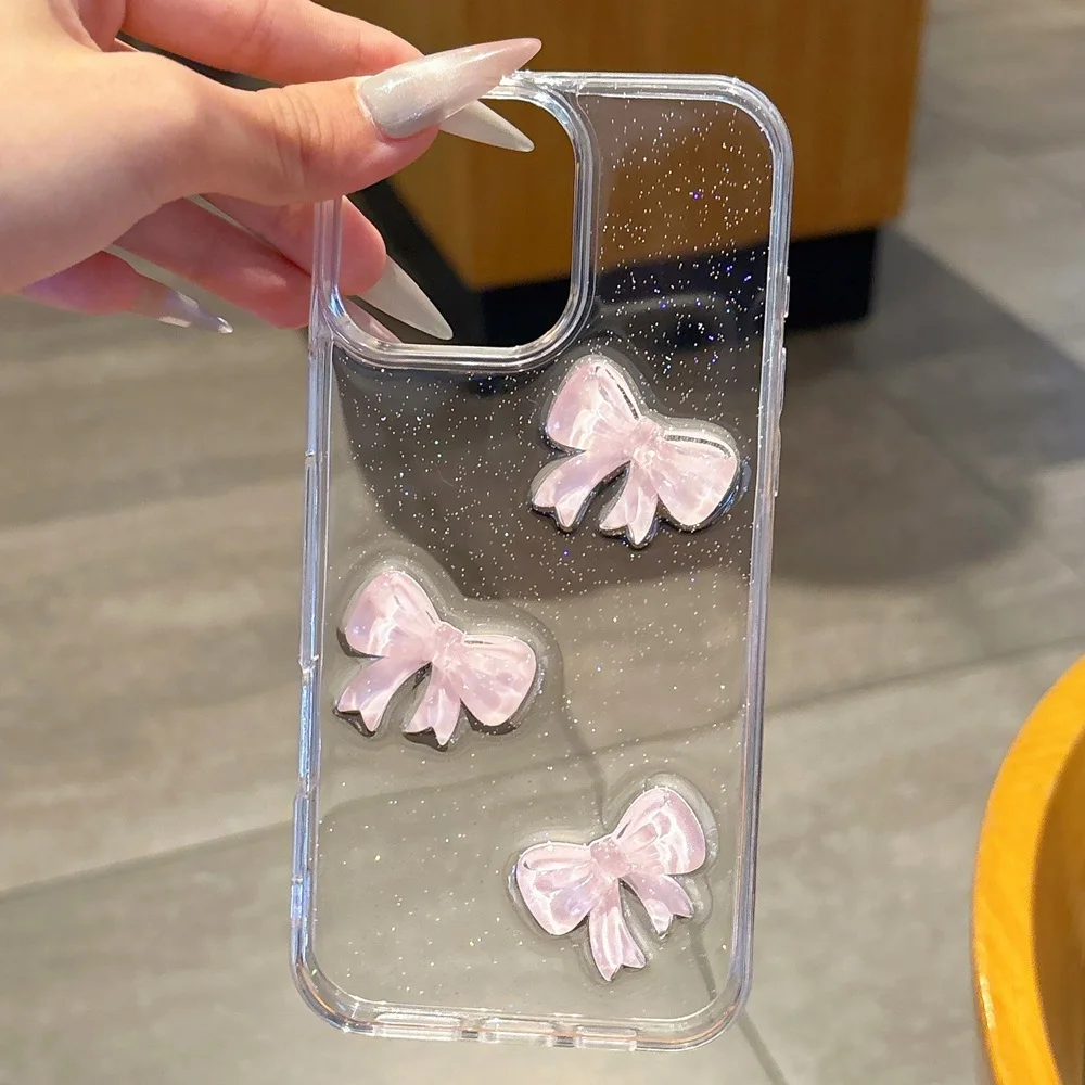 لطيف ثلاثية الأبعاد الوردي Bowknot بلينغ بريق قضية الهاتف آيفون 17 16 15 14 13 12 11 برو ماكس زائد الفاخرة واضح للصدمات غطاء الوفير #2