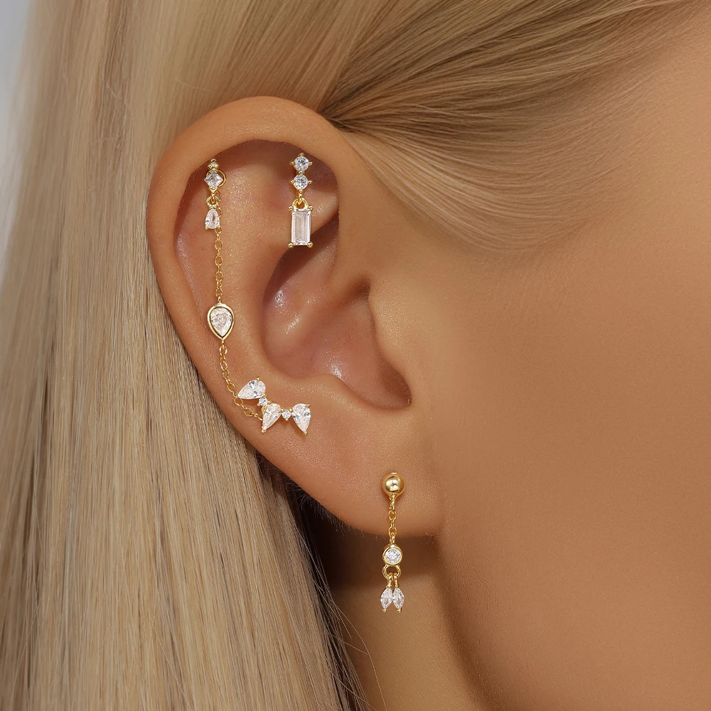 CANNER 1PC 925 Sterling Silver Horse Eye Zircon Crown Tassel Puncture Thread Flat Earring For Women Ins Long Cartilage Chain
