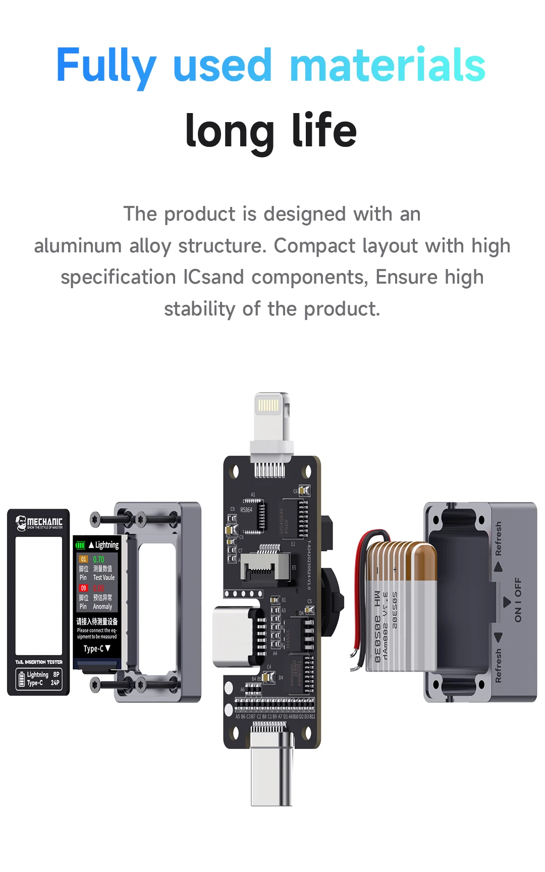 MECHANIC T824 Mobile Phone Tail Insertion Detector HD TFT Digital Display Automatic Intelligent Detection Each Pin Current Power