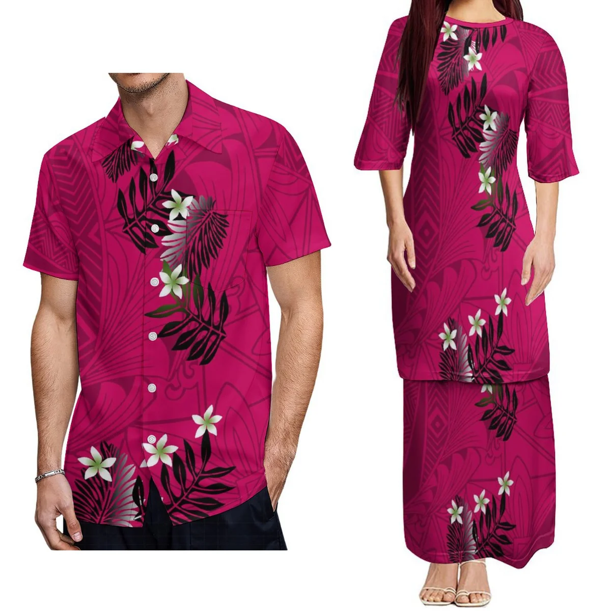 Polynesian Dress Pletasi Two-Piece Samoan Fijian Elegant Top And Long Skirt Island Style Vintage Couple Suit And Men'S Shirt