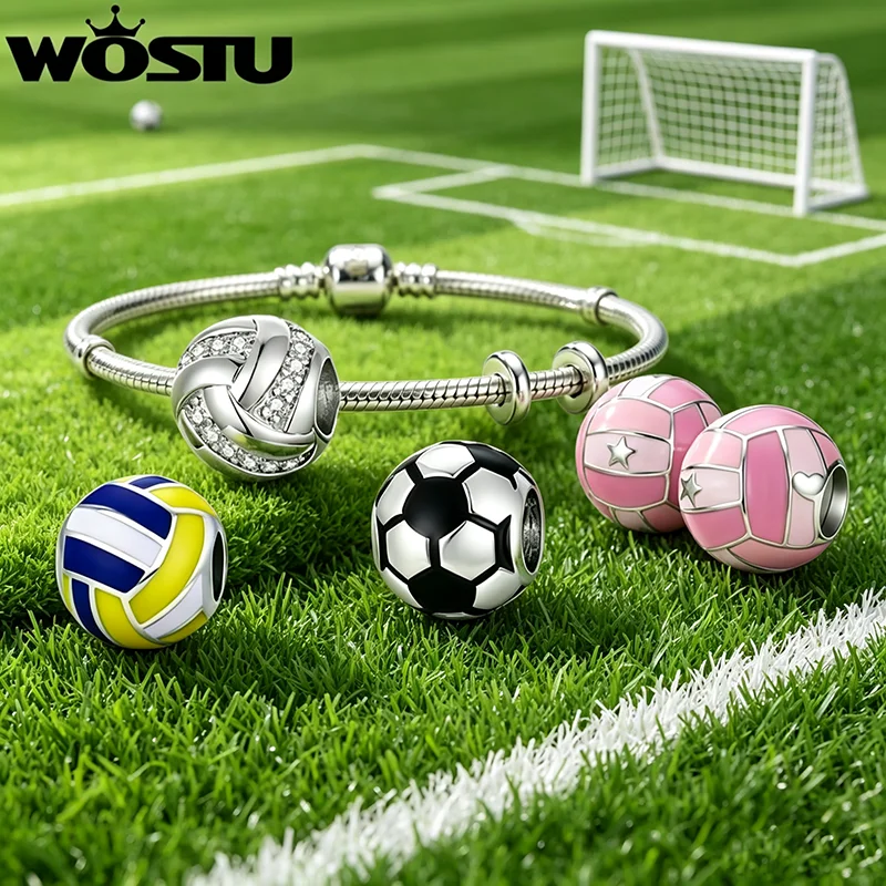 WOSTU Platinum Plated Sports Series Football Charm Volleyball Beads Pendant Fit 3mm Original Bracelets DIY Souvenir Gift