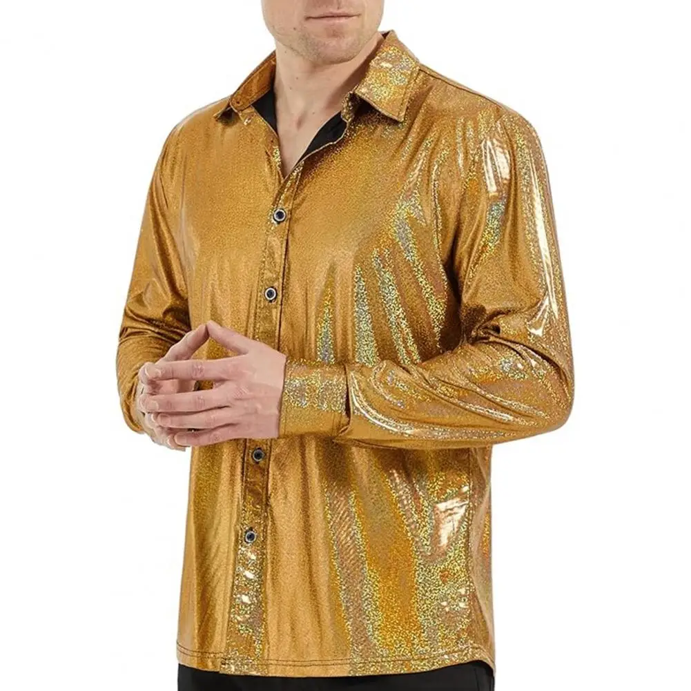 Camisa de manga larga para hombre, camisa de Color sólido, superficie brillante, cuello vuelto, fiesta de Navidad, club nocturno