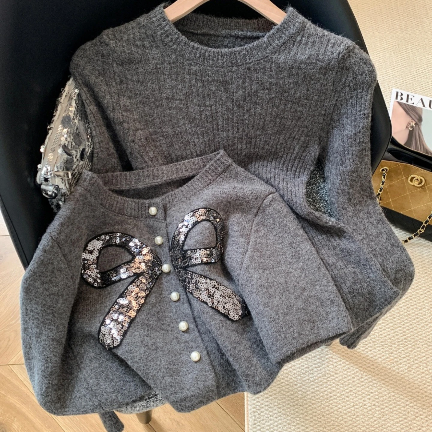 

Sparkling Bow Sweater for Women Pullover Shoulder Shawl Top Two Piece Set Autumn Winter Sweet Chinese Style New Knitted Sweater