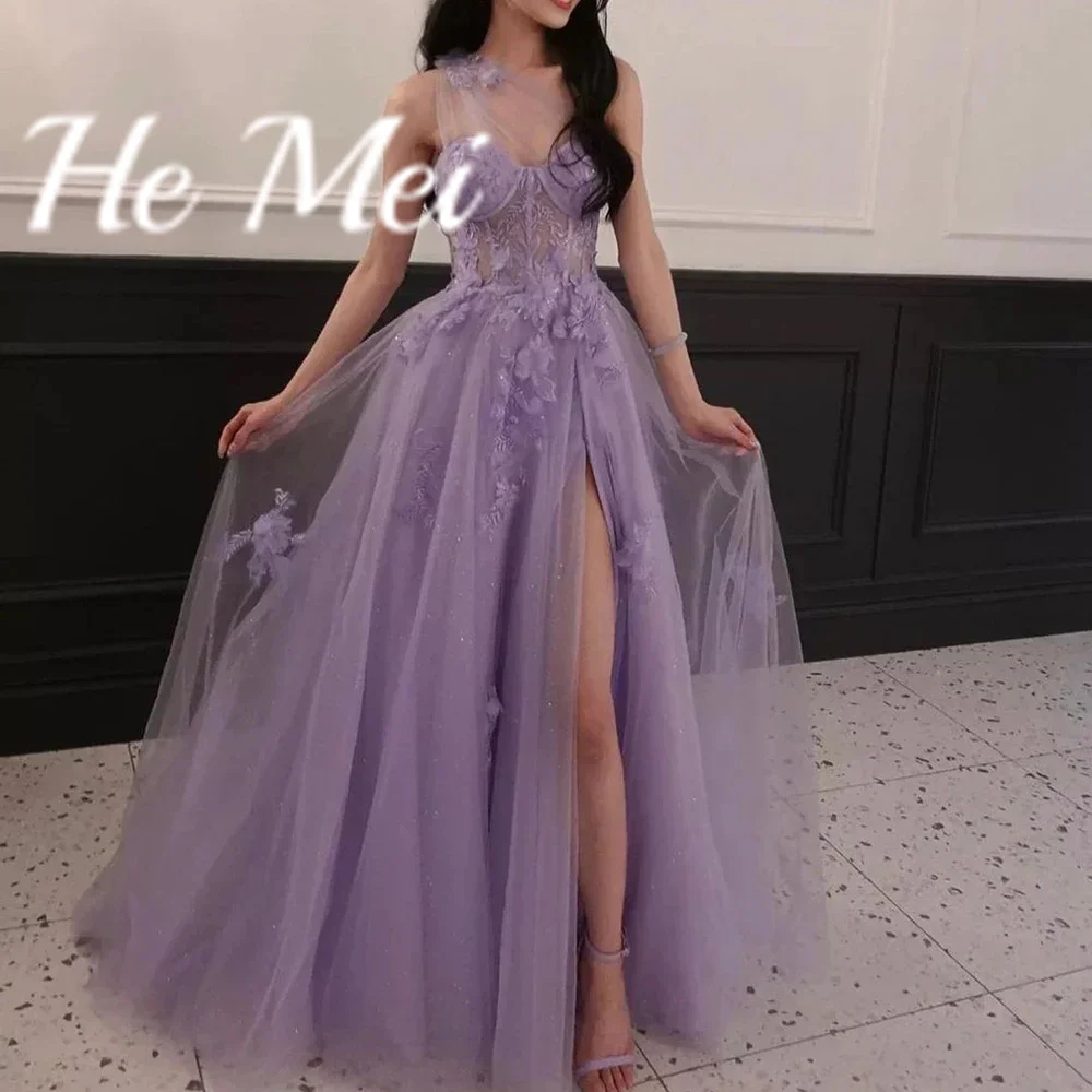 Sexy Prom Dresses One Shoulder Formal Occasion Evening Dresses High Split Tulle Applique A Line Sweetheart Neck فساتين السهرة