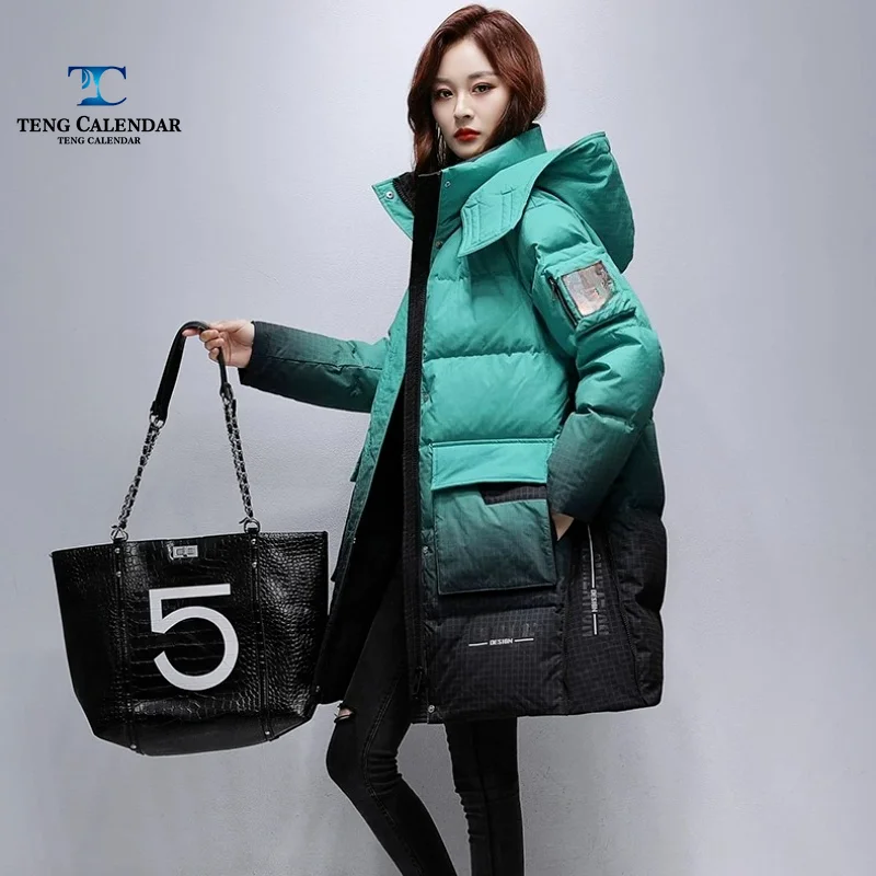 Winter Down Jacket, Medium To Long Small Grid Gradient Thick Hooded Jacket, Women's 2026 New Model