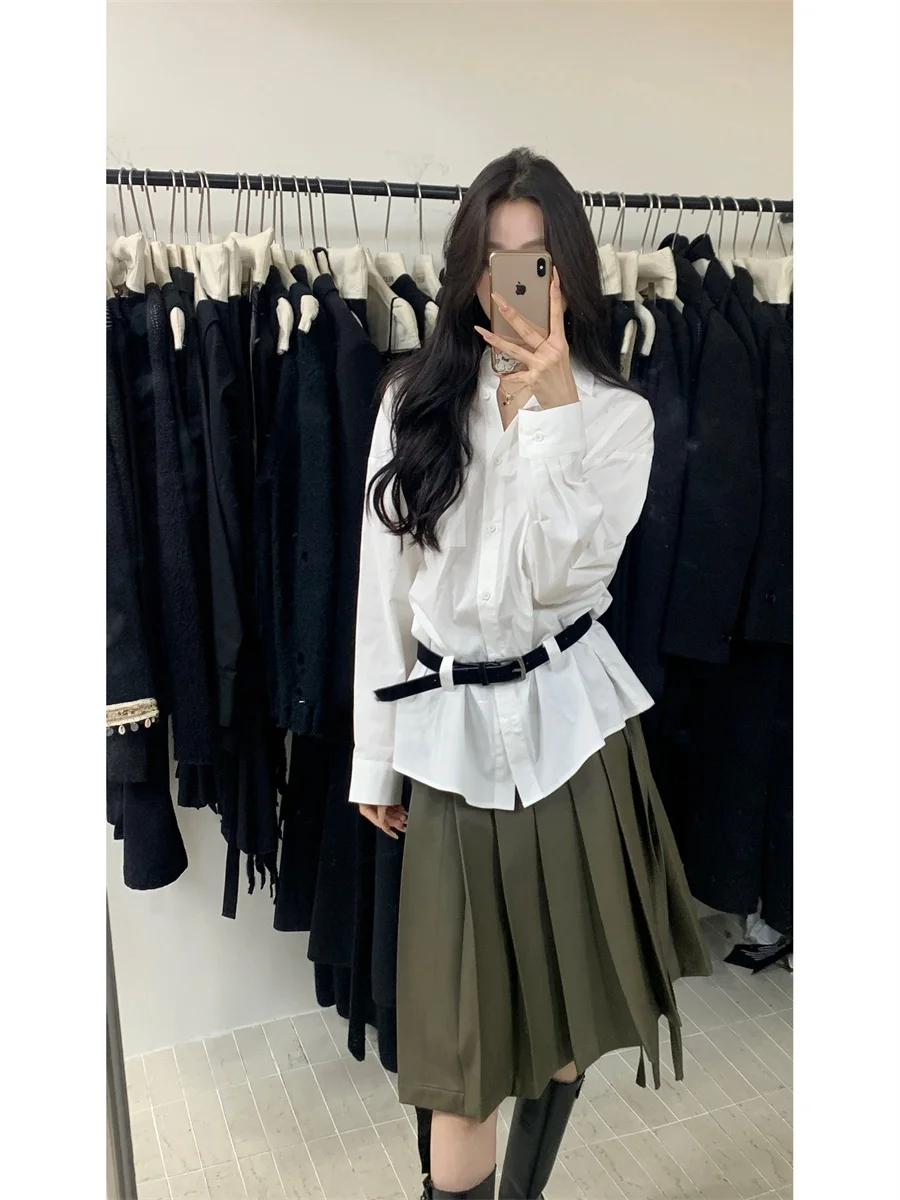 

Ele Pure Color Women's irt with Belt Slim Fit Cotton Long Sve Simple Sle Autumn Winter New Arrival Casual Top