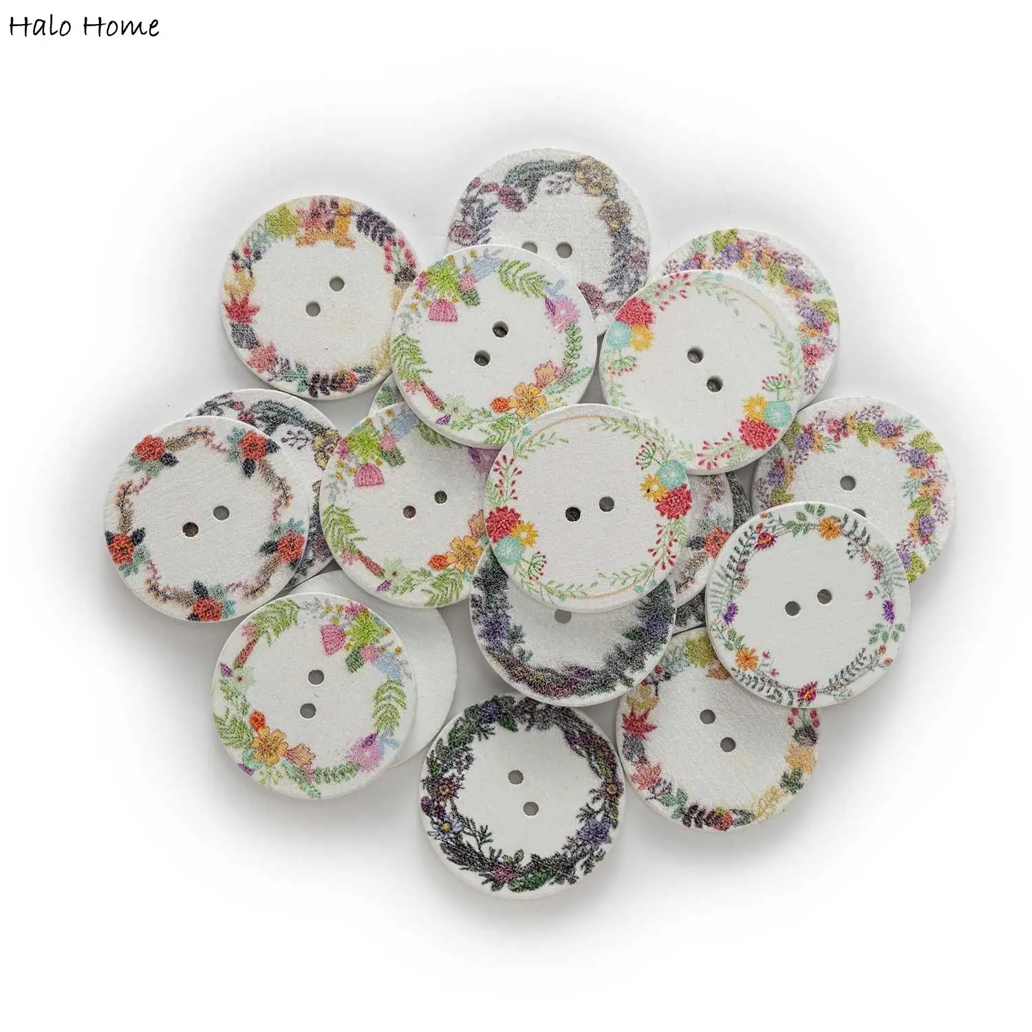 50pcs Mixed Round Wreath Theme Print Wooden Buttons Handwork Sewing Scrapbooking Clothing Crafts Accessories Gift Card 15-25mm