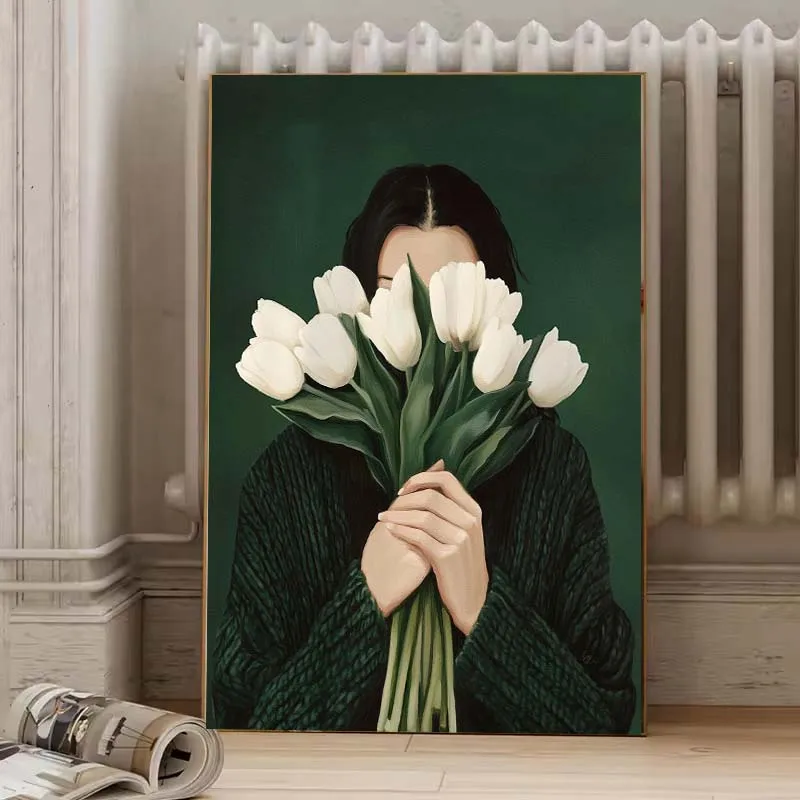 مجردة امرأة بساطتها المشارك قماش جدار الفن امرأة مع زهرة صورة اللوحة طباعة لغرفة النوم الشمال فتاة ديكور المنزل