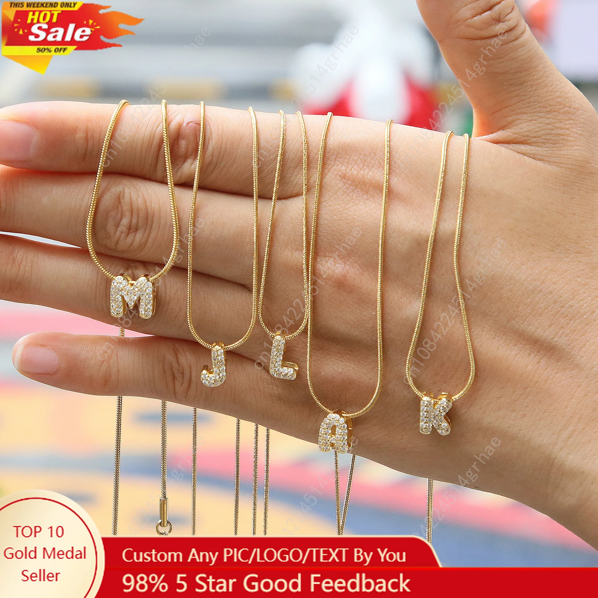 

Cute English Letter Initial Necklace 18K Gold Plated Zircon Paved Necklace Puffy Bubble Letter Necklace for Women