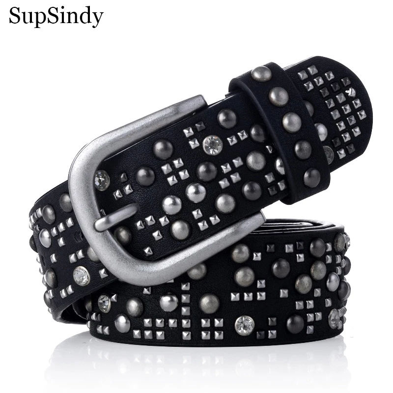 

SupSindy Women Belt Punk Pin Buckle Vintage Rivets Luxury designer Lady Original Leather Belts For Women Jeans Waistband Female