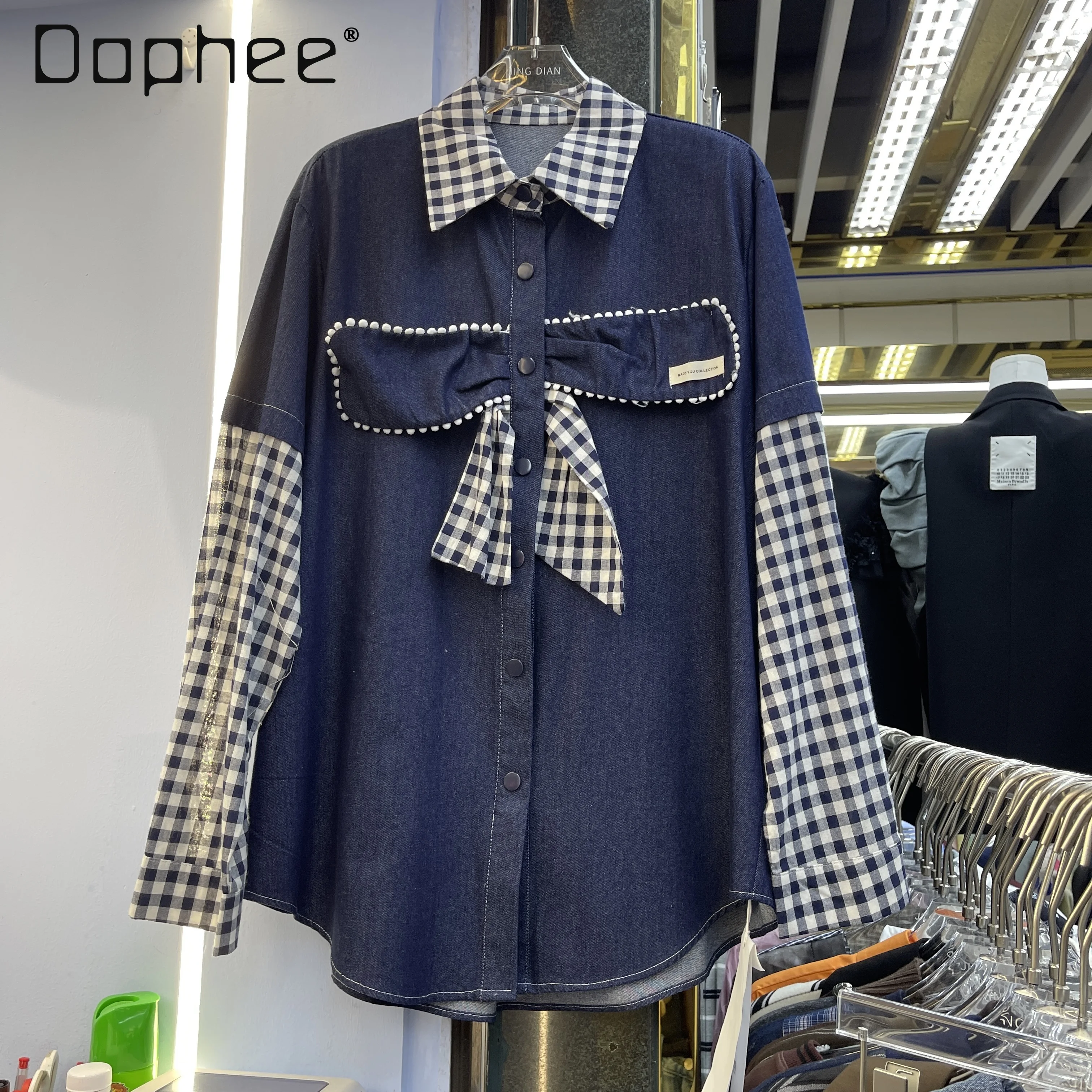 Europejska, uniwersalna, wyszczuplająca koszula robocza damska w kratę z kokardą, w stylu color-block, luźna kurtka, modna.