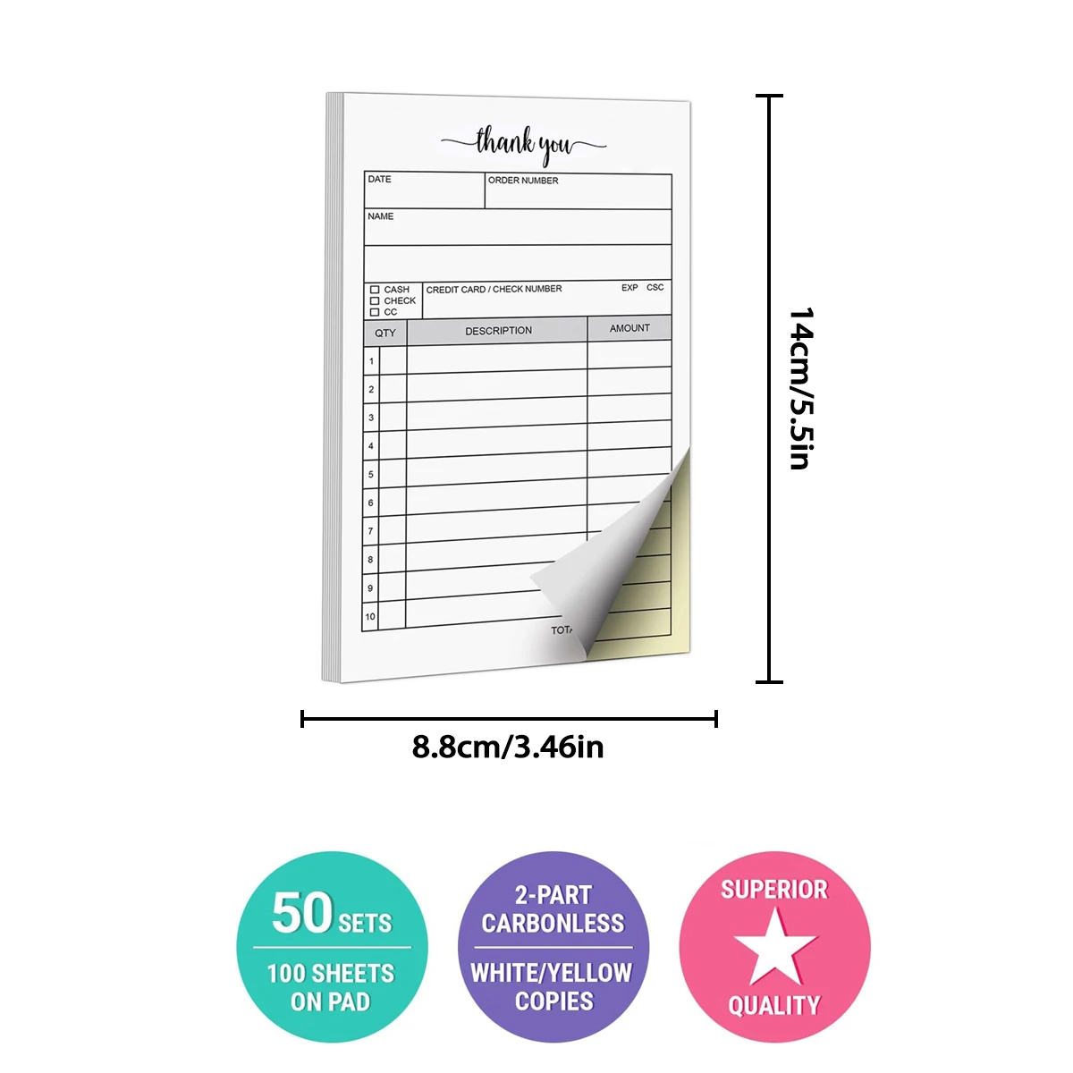 5pcs thank you receipt book, carbon copy sales receipt form, invoice booklet for office and restaurant, 3.4 x 5.5 inches