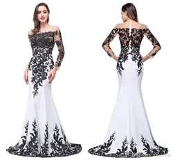 CC 2023 New Long Sleeve Mermaid Evening Dresses Appliques Black Lace Sweep Train Formal Party Dress for Women Prom Gowns