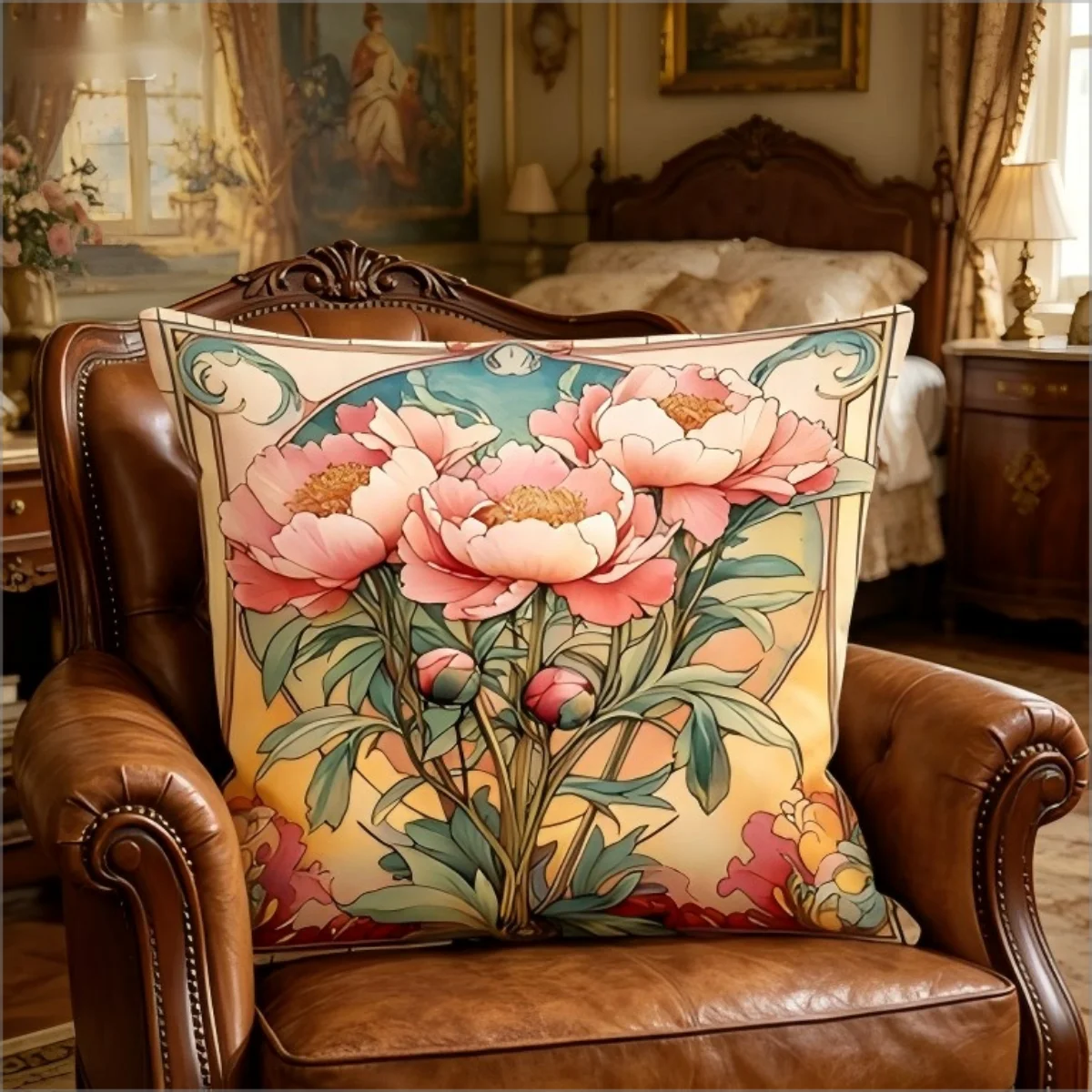 Art Nouveau Peony Floral Print Throw Pillow Cover, Vintage Botanical Cushion for Living Room Bedroom Sofa Couch