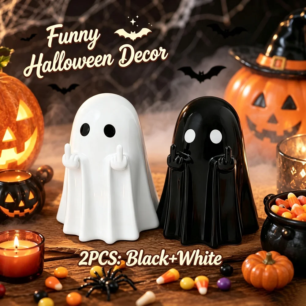 2PCS Halloween Middle Finger Ghost Figurine, Fun Ghost Resin Pen Holder, Spooky Desktop Decor Pen Stand for Halloween Atmosphere