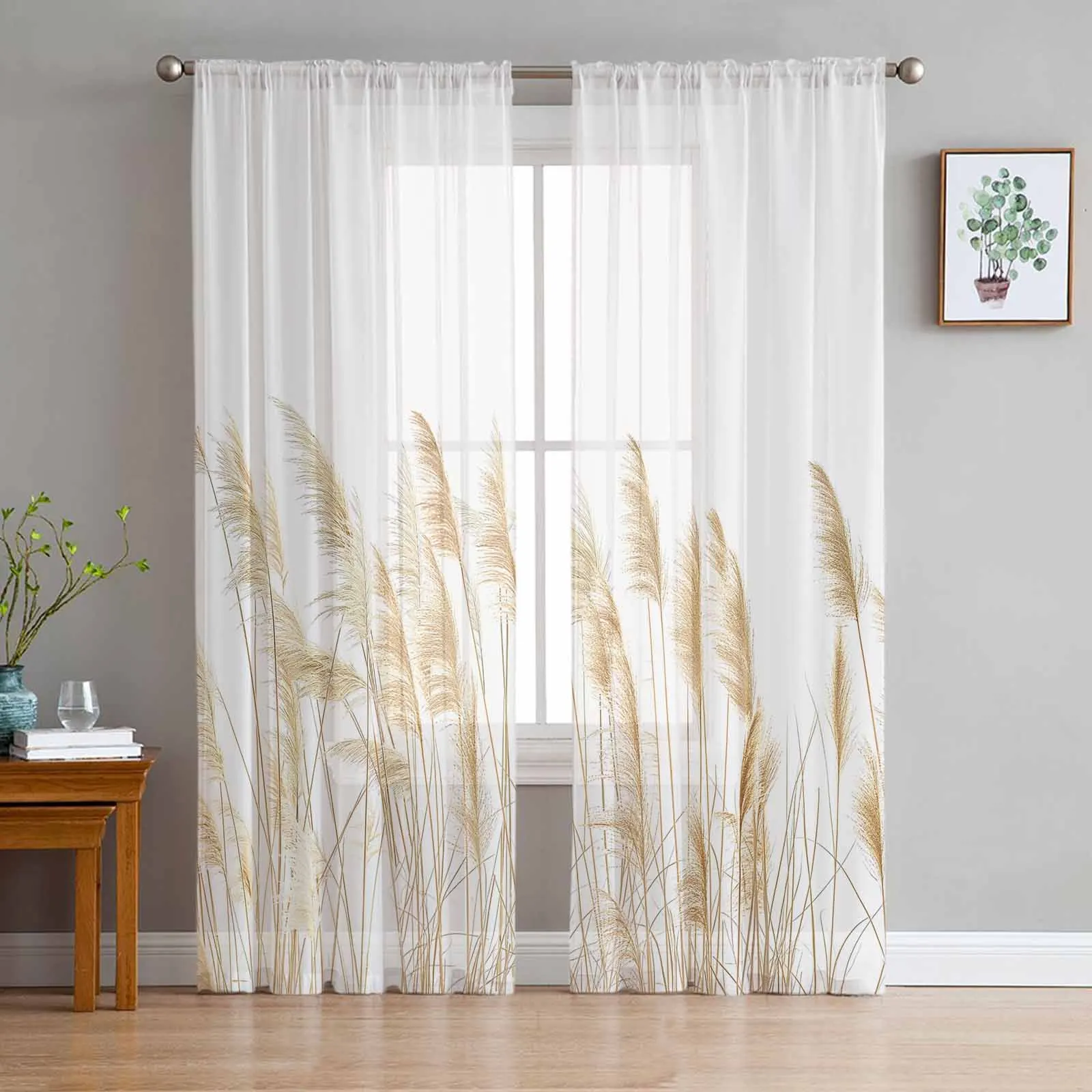 Retro Autumn Reed Grass Hand Drawn Tulle Curtains for Living Room Bedroom Sheer Voile Curtain Home Decor Kitchen Curtain