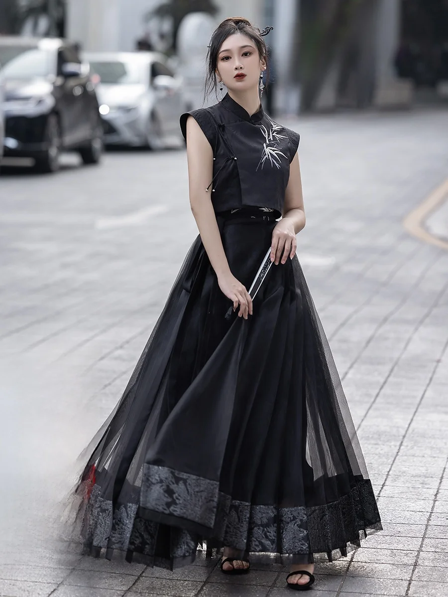 

Eastern Sle Bamboo Embroidered Flowing Tassel Waistcoat Qipao Collar Top with Buttoned Skirt f-length Hanfu Skirt