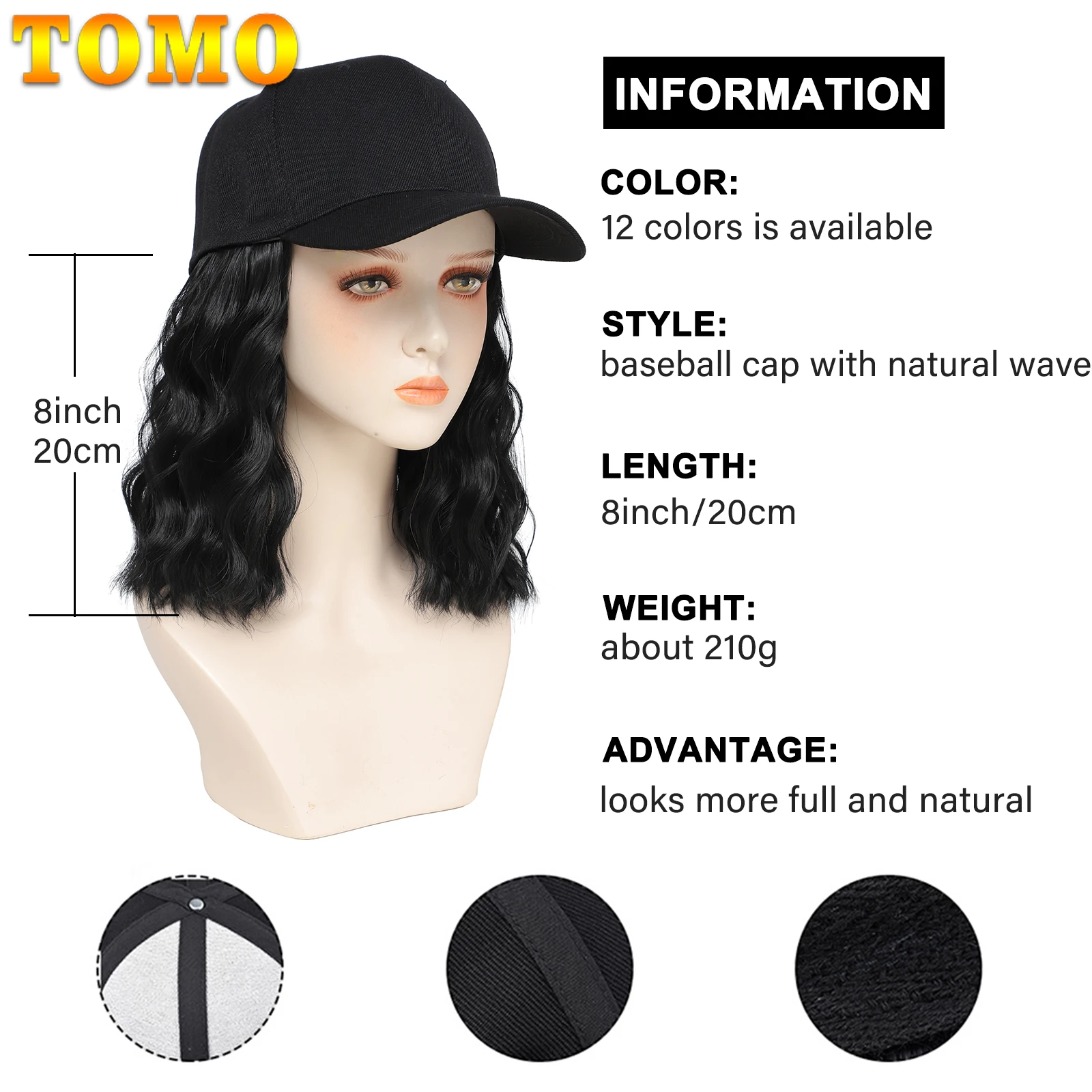 TOMO Waterproof Baseball Cap Attached Synthetic 8" Wave Hair Extensions Adjustable Quick Dry Hat with Bob Wig for Women