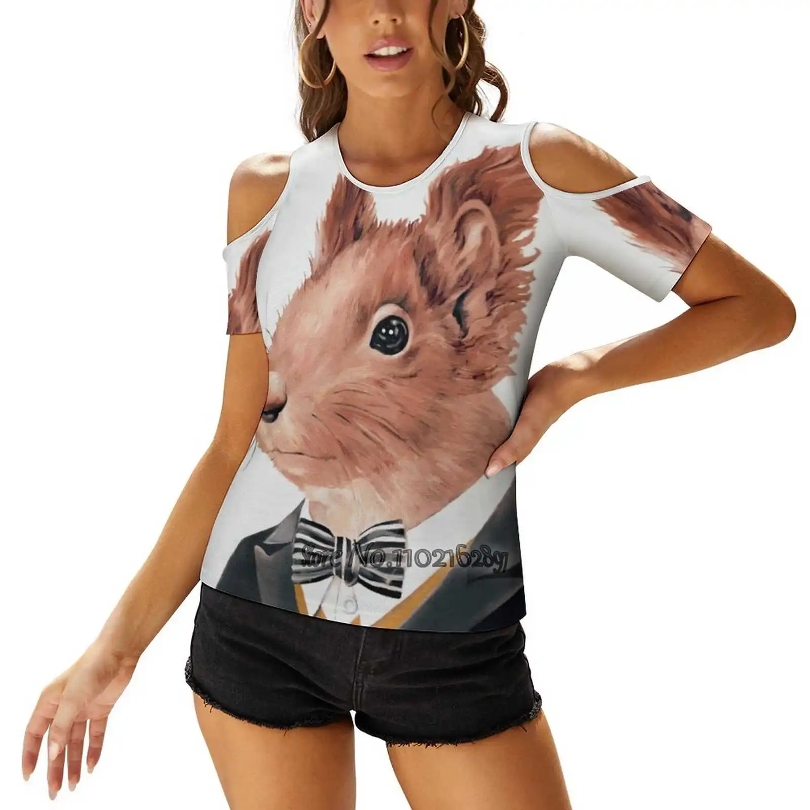 Red Squirrel Women T-Shirt Back Lacing Sexy T Shirts Hollow Out Pullover Top Squirrel Woodland Tux Dapper Animal Woodland