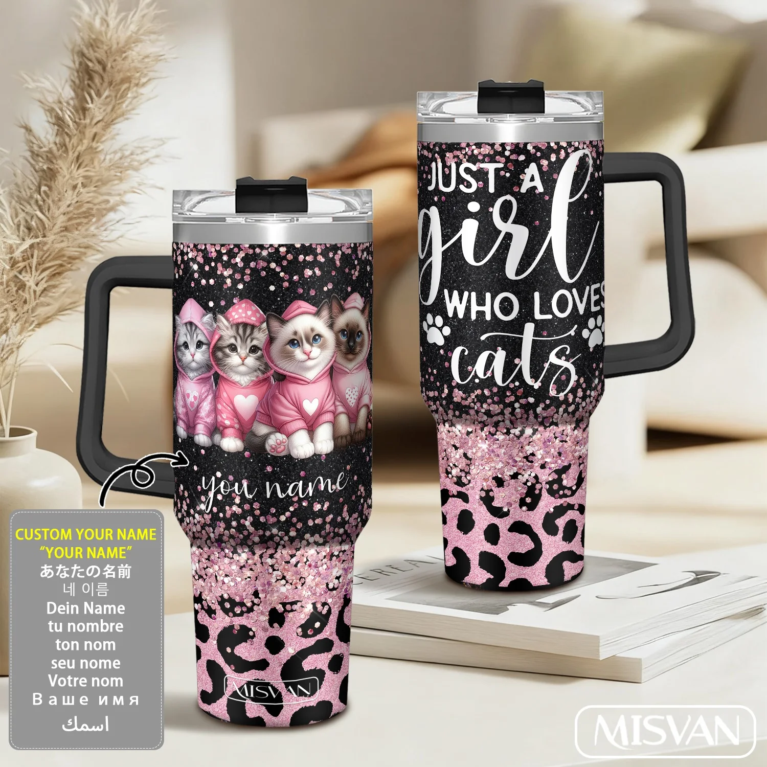 

1PC,40oz Custom Name,Cute Cats in Pink Hoodies with Hearts.Insulated Stainless Steel Cup.Large Capacity,Portable for Car,Persona