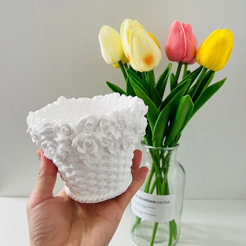 Rose Basket Silicone Mold Concrete Candle Vessel Mold Rattan Basket Cement Flower Pot Mould Plaster Pen Holder Vase Mould