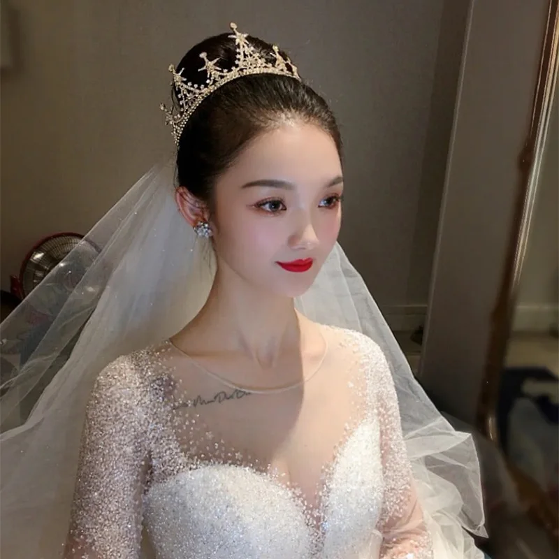 Golden Full Round Tiaras Rhinestone Star Shaped Hairband For Women Luxury Bridal Ceremony Prom Crown Wedding Hair Accessories