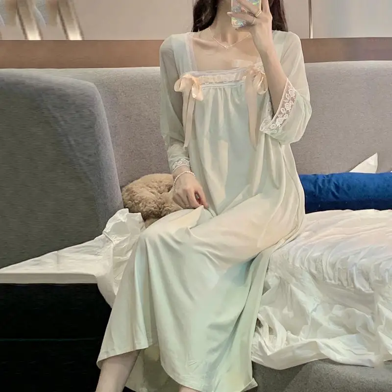 

Long-sleeved Nightgown for Women Korean Princess Style Loose Thin Home Clothes Pajamas Nightie Pajama Sexy Night Lingeries Satin
