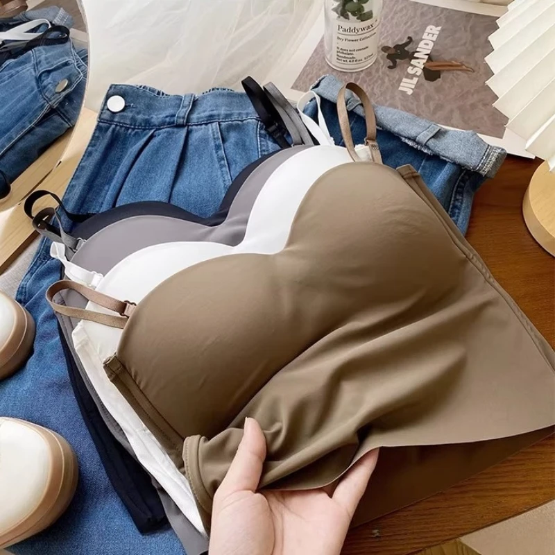 2026 Sommer Einfarbiges Vielseitiges Dünnes Top aus Eisseide Nahtloses Crop-Top Damen Camisole Drahtlos mit Brustpolster Sport-Bralette Tanktop