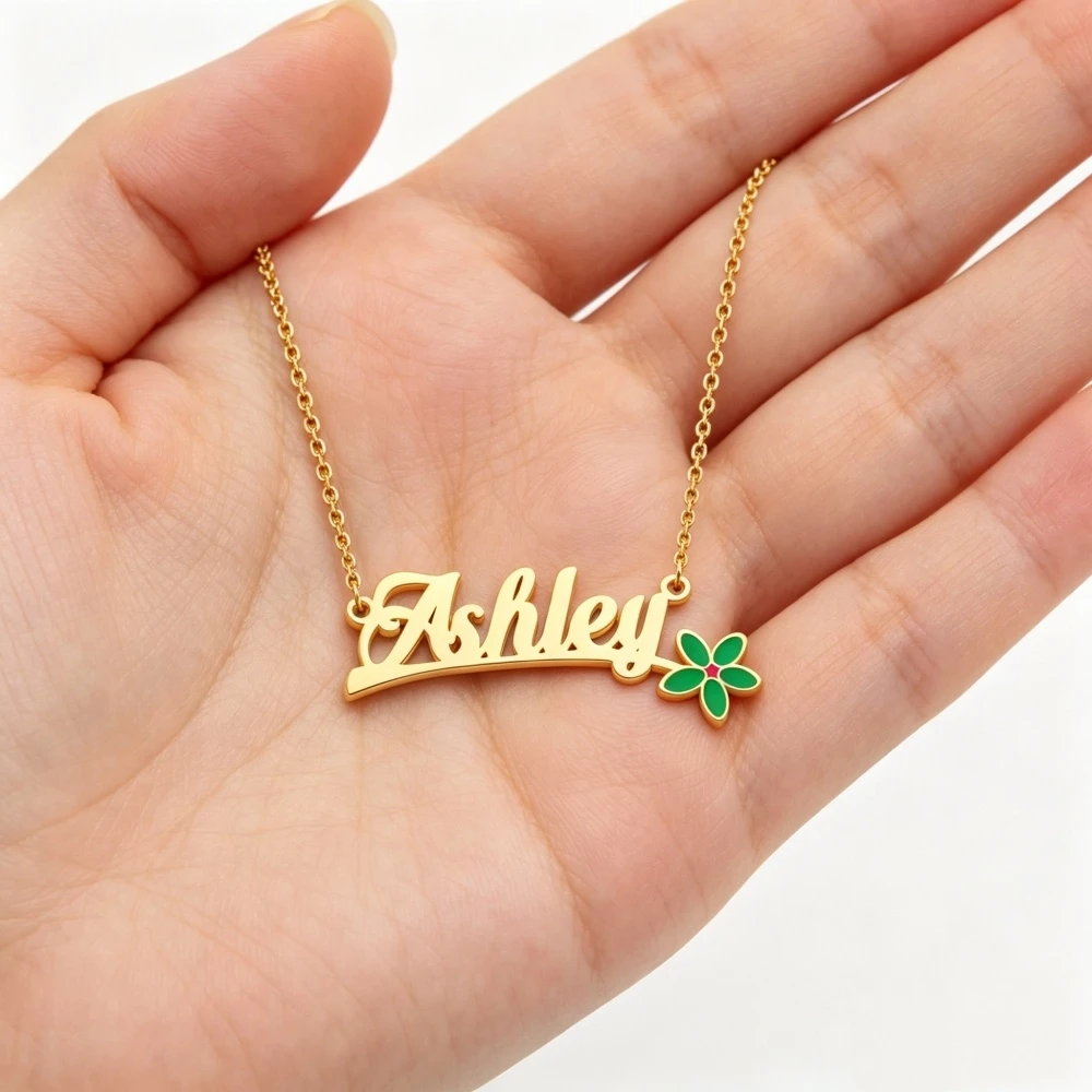 Collier personnalisé avec fleur verte, bijoux en acier inoxydable, collier avec nom imprimé UV personnalisé, cadeaux d'amitié pour femmes