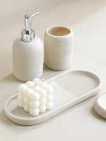 5Pcs Bathroom Accessories set Lotion Dispenser Toothbrush Holder Tray Tumbler Cup Soap Dish Beige and Grey 3