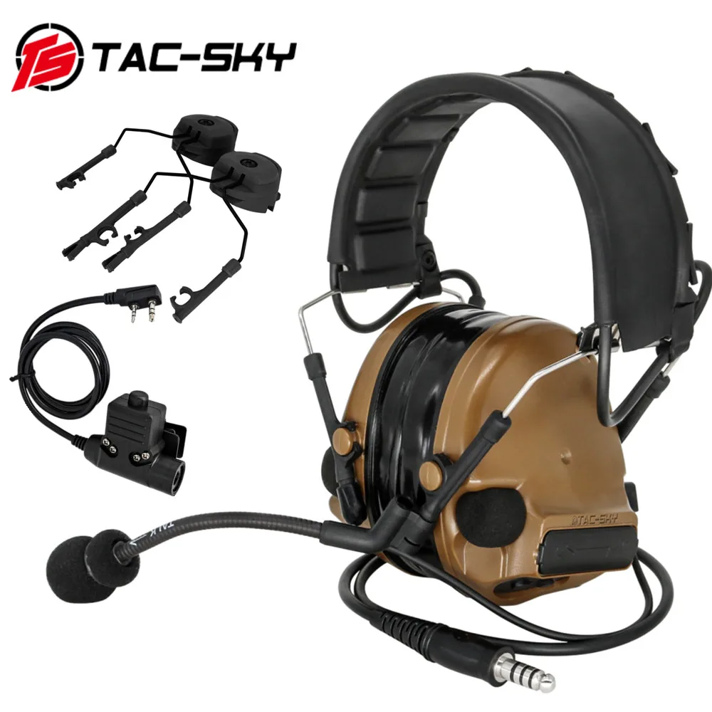 TAC-SKY COMAC III Hearing Protection Sound Amplifying Tactical Headphones with U94 PTT and ARC Helmet Mount Adapter