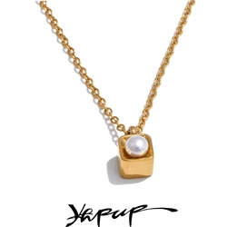 Yhpup GIFT Natural Pearl Exclusive Delicate Stainless Steel Square Pendant Necklace Tarnish Resistant Trendy Charm Jewelry New