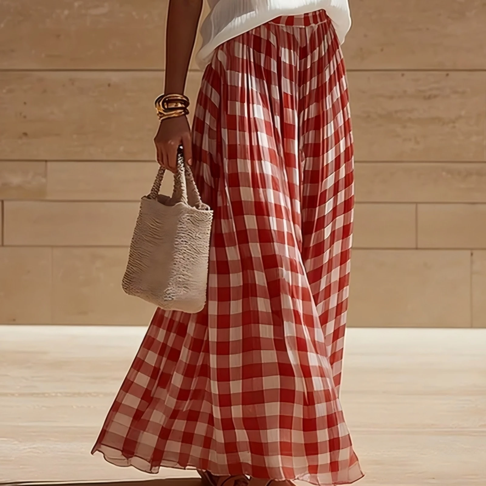 2026 Autumn Women's Casual Loose-Fit Skirt Fashion Ladies Plaid Print A-Line Maxi Skirt Retro Elastic Waist Flowy Beach Skirts