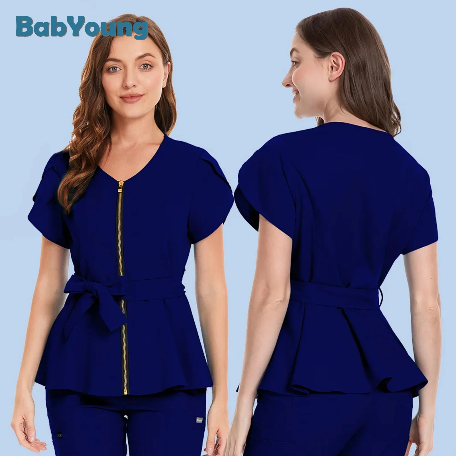 Tops de clínica feminina, camisa de cirurgia, uniforme médico, manga curta, blusa de enfermeira, acessórios de enfermagem, estilo coreano